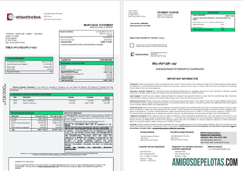 São Tomé e Príncipe Afriland First Bank Mortgage Statement em formatos Word e PDF 1 2 exemplo